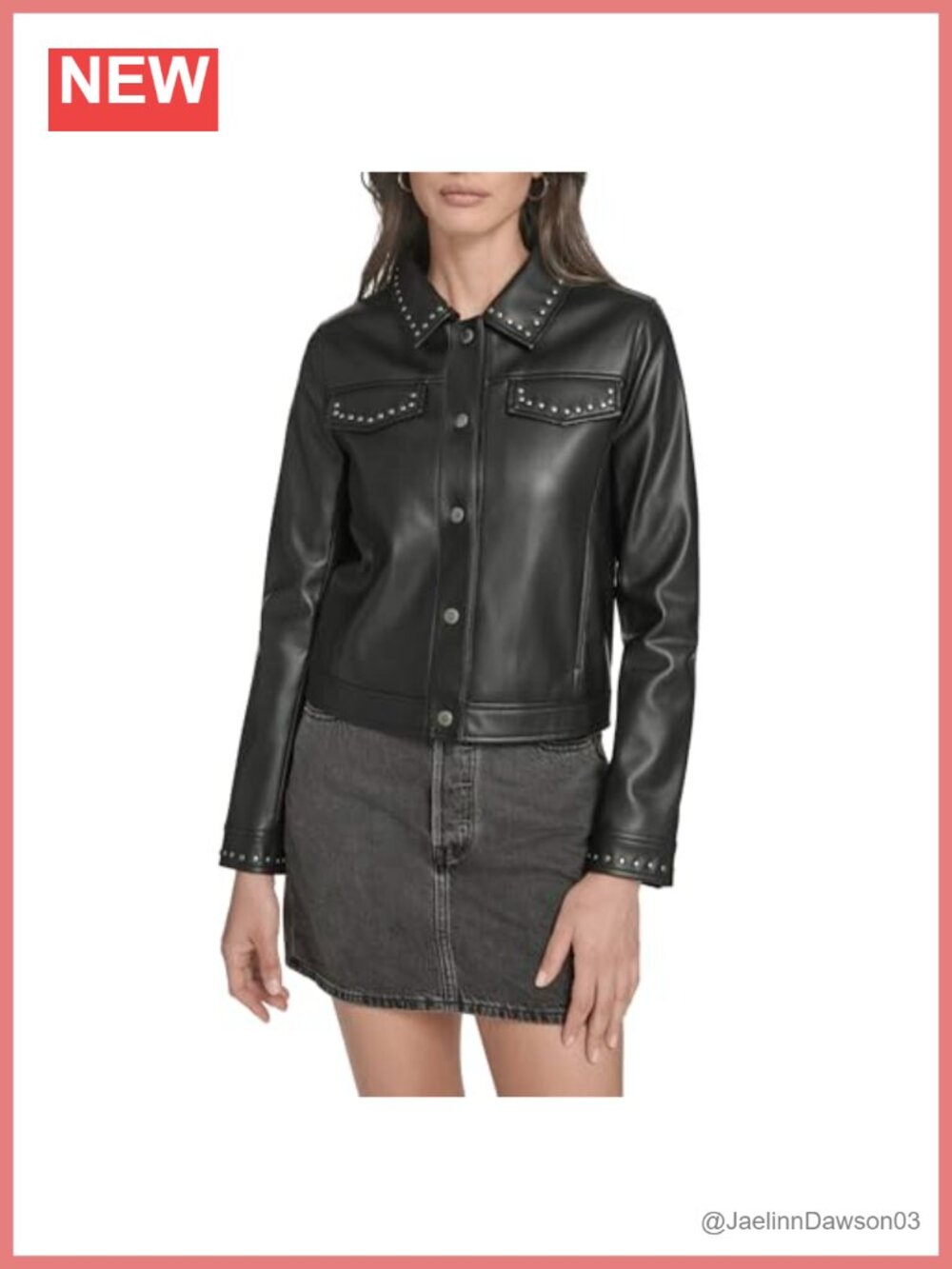 Faux Leather Studded Laydown Collar Jacket Snap Front Puff Sleeve